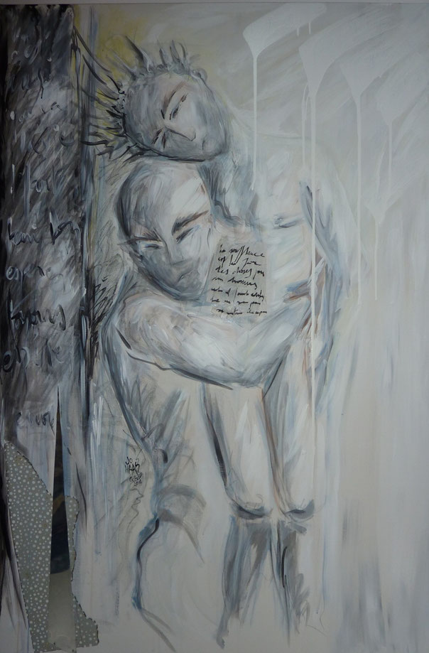 2014 "Et dans tes bras l'espoir" 100 x 150 cm Diverses techniques sur toile