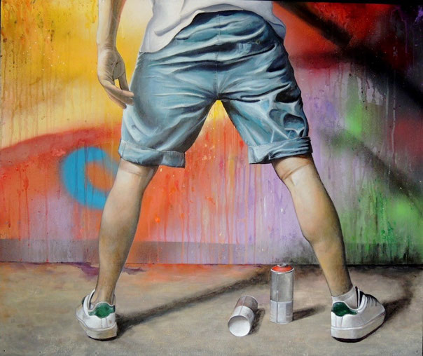 Peinture contemporaine - art urbain; face au mur  (acrylique + huile + spray)