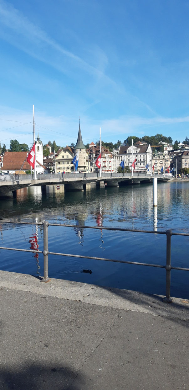während üsem Fuessmarsch zum Verkehrshuus himer e schöne Blick uf d'Stadt Luzern ghaa