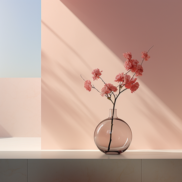 Rosa Blumen sitzen in der Glasvase, im Stil von Oktanputz, japanischer Minimalismus, sonnendurchflutete Farben, volumetrische Beleuchtung, Terrakotta, Verwendung von Rastertönen, mehrfarbiger Minimalismus