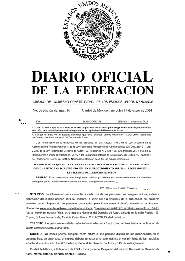 Publicación en el Diario Oficial de la Federación del 17 de enero del 2024, pags. 170 y 172.