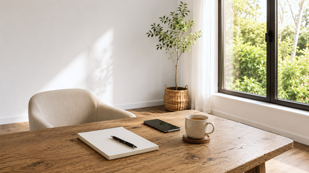 Table lumineuse avec carnet, téléphone et tasse, évoquant un contact simple avec le Centre DaoZen