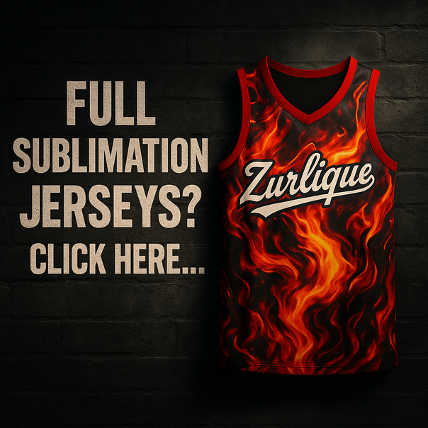 Full sublimation basketball jersey by Zurlique with fiery design, featured in a gritty flyer layout with dark brick wall backdrop and bold call-to-action.