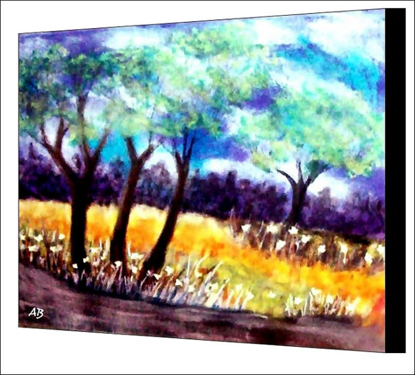 Spring Time-Frühlingslandschaft-Pastellgemälde-Wald-Bäume-Blüten-Feld-Blumen-Weg-Wiese-Gras-Himmel-Wolken-Landschaftsmalerei-Frühling-Pastellbild-Pastellmalerei