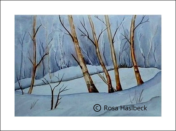 aquarell, winteraquarell, winter, schnee, bäume, kunst, bild, kaufen, malen, blau, braun 