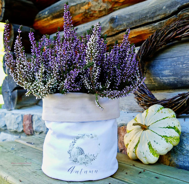 Herbstdekoration Heidekraut DIY Stoffbeutel