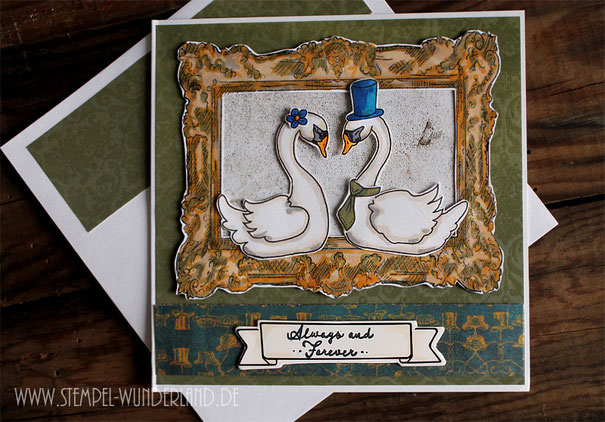 Karte Hochzeit Pärchen Paar Schwan vintage mit Rahmen Digi Stamp digitaler Stempel handgemacht von www.stempel-wunderland.de