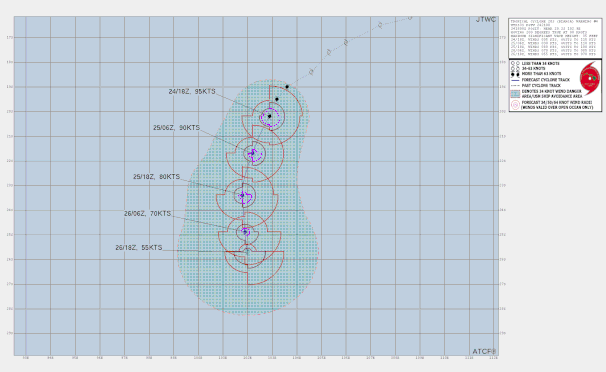 Track map and details of tropical cyclone Bianca off the Western Australian coast, February 25 2025. From JTWC.