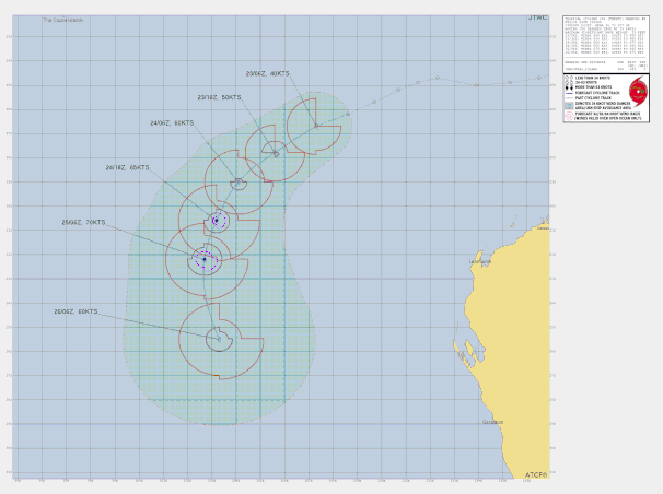 Track map and details of tropical cyclone Bianca off the Western Australian coast, February 24 2025. From JTWC.