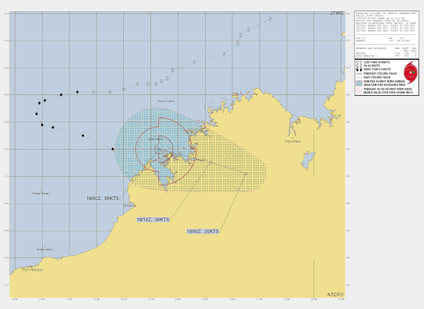 Track map and details of severe tropical cyclone Errol near the Kimberley coast, April 18 2025. From JTWC.