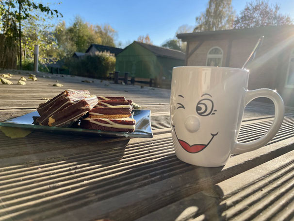 Sonne, Herbst, Kaffeebecher, Kuchen