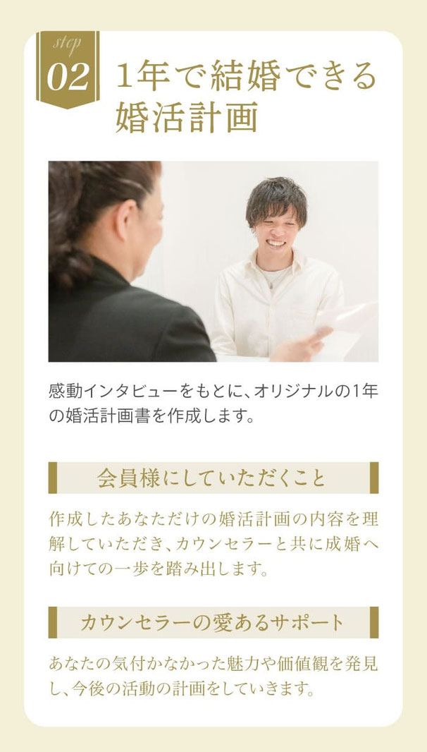02.1年で結婚できる婚活計画／感動インタビューをもとに、オリジナルの1年の婚活計画書を作成します。●会員様にしていただくこと-あなただけの婚活計画を理解していただき、自信を持っていただきます。●カウンセラーの愛あるサポート-あなたの気付かなかった魅力や価値観を発見し、今後の活動の計画をしていきます。