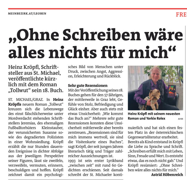 Heinz Kröpfl Tollwut Roman 18. Buch ein psychologisches Bild von Menschen unter Druck zwischen Angst Aggression Erleichterung und Rückblick sehr gute Rezensionen einen festen Platz in der österreichischen Gegenwartsliteratur Astrid Höbenreich