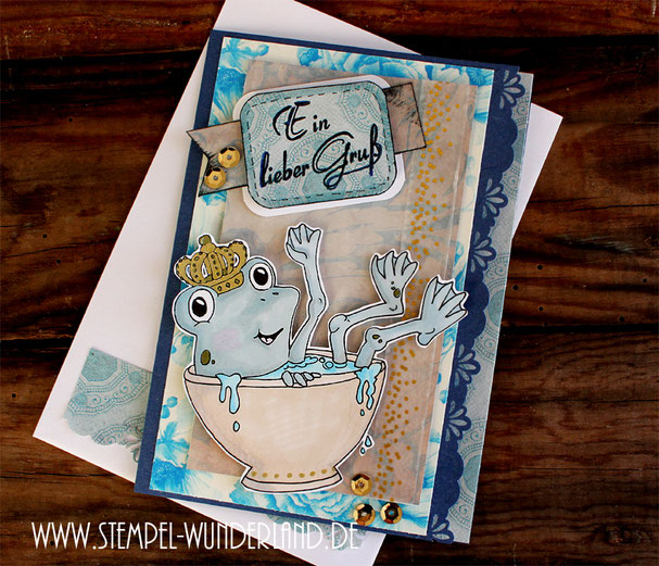 Karte Froschkönig Frosch in Tasse Grußkarte handgemacht mit Bordüre Scrapboking und Pailletten von www.stempel-wunderland.de