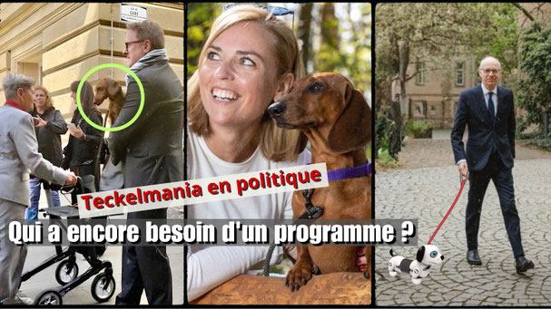 Photomontage : Bettel avec le teckel Aspro, Bofferding avec le teckel Newton, Frieden avec un teckel électrique — illustration du billet satirique « Teckelmania en politique ».