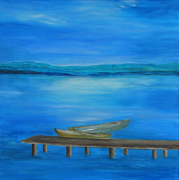 Lis: Deux barques au clair de la lune, peinture sur toile - encadré