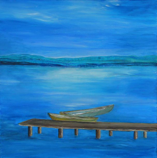Lis: Deux barques au clair de la lune, peinture sur toile - encadré 