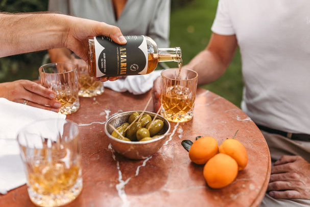 Amaro Amarill wird in Gläser eingeschenkt, dazu Oliven und frische Marillen auf einem Tisch – gesellige Genussmomente mit Südtiroler Marillen-Amaro im Freien