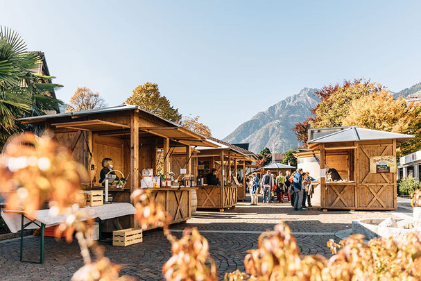 Bancarelle in legno dell'evento mercato dei sapori a Lagundo sullo sfondo autunnale delle montagne, i visitatori passeggiano tra i prodotti regionali e si godono la soleggiata atmosfera autunnale.