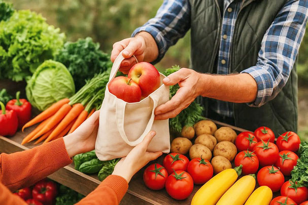 Un banco al mercato dei contadini a Merano con frutta e verdura fresca, mentre un cliente mette delle mele in una borsa ecologica.