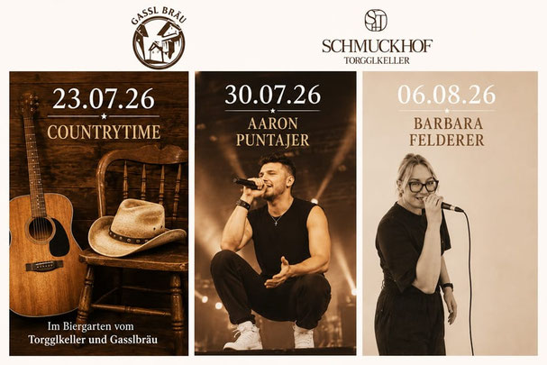 Plakat der Klausner Langen Donnerstage im Biergarten von Gassl Bräu & Torgglkeller mit Livemusik von Countrytime, Aaron Puntajer und Barbara Felderer.
