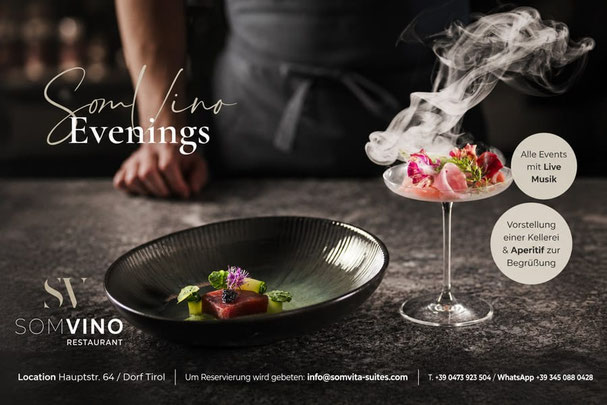 Ristorante SomVino a Tirolo – Serate SomVino con musica dal vivo, aperitivo, presentazione di cantine e cucina gourmet creativa in Alto Adige.
