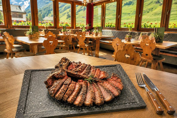 Dry Aged Steak im Restaurant Rosmarie in Pfelders: perfekt gegrillte Fleischspezialität in gemütlichem Ambiente mit Panoramablick im Passeiertal.