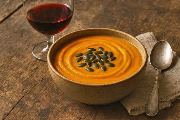 Cremige Kürbissuppe mit Kürbiskernen, serviert in einer Keramikschüssel auf rustikalem Holztisch, dazu ein Glas Rotwein und ein Löffel auf Stoffserviette bei der Gruppe Südtiroler Gasthaus