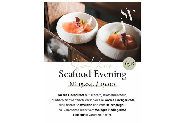 Seafood Evening im Restaurant SomVino in Dorf Tirol mit Fischbuffet, warmen Fischgerichten, Showküche, Holzkohlegrill, Aperitif und Live-Musik