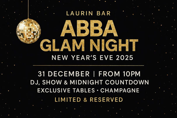 Poster digitale in formato orizzontale per l'evento “ABBA Glam Night – New Year's Eve 2025” al Laurin Bar, con design glamour, elementi disco e champagne in primo piano.