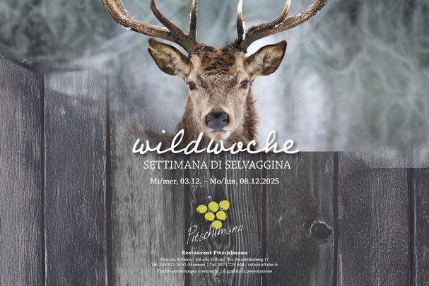 Plakat der Wildwoche im Restaurant Pitschlmann in Völs am Schlern mit Hirschmotiv vor Holzoptik; Ankündigung der Spezialitätenwoche mit Datum und Kontaktdaten.