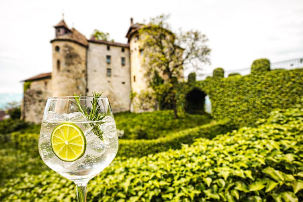 Gin tonic con lime e rosmarino in primo piano davanti al Castello di Scena, con lo storico castello e il paesaggio verdeggiante leggermente sfocati sullo sfondo
