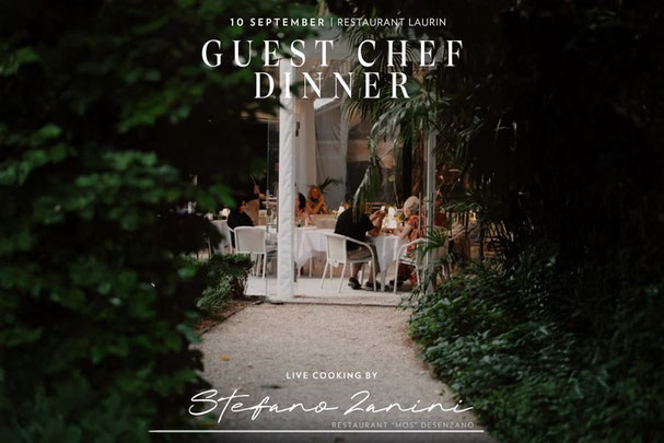 Guest Chef Dinner im Restaurant Laurin am 10. September mit Live Cooking von Stefano Zanini, stimmungsvolles Abendessen im Gartenambiente.