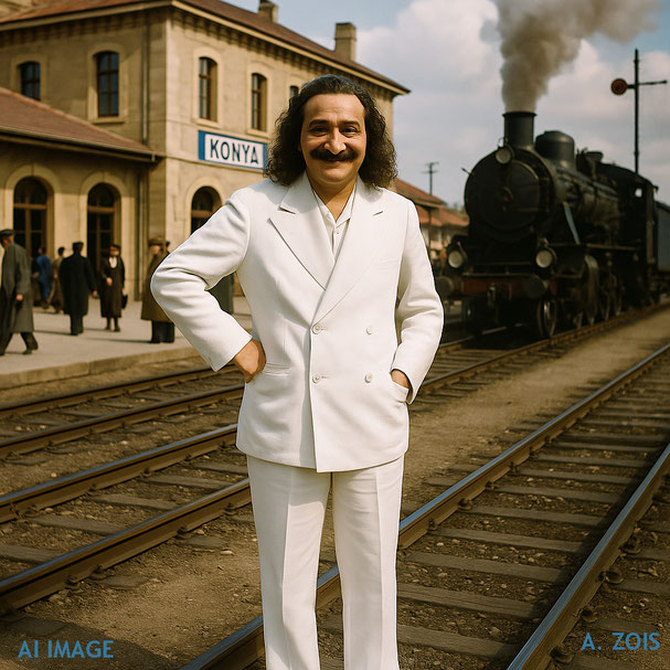 This AI created image shows Meher Baba in Konya, Turkey in October 1936 after flying in from Karachi to Baghdad then by mostly train to Konya. The next stop is Istanbul.  Image produced by Anthony Zois.