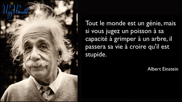 "Tout le monde est un génie, mais si vous jugez un poisson à sa capacité à grimper à un arbre, il passera sa vie à croire qu'il est stupide." Albert Einstein