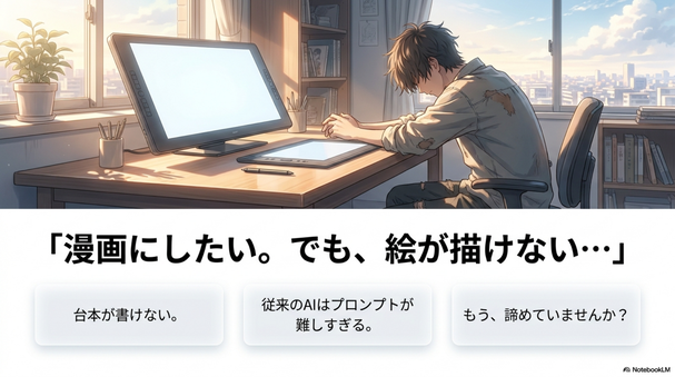 今、  Googleの「NotebookLM」を使うことで、  難しい台本なし・たった5分でクオリティの高い  漫画が作れる時代になりました。