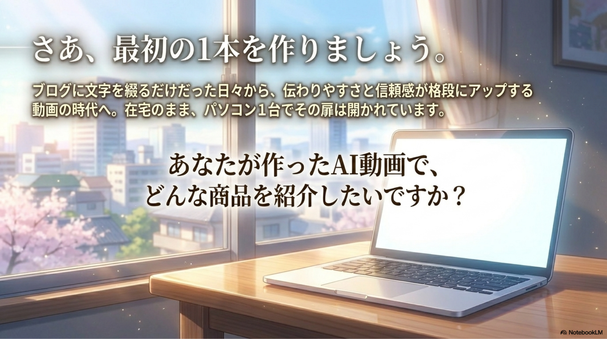 顔出しなし、  声出しなしで商品紹介動画が作れる時代になりました。    ブログを書くだけだった頃より、  伝わりやすさと信頼感が格段にアップしたと感じます。    特に在宅副業を探している人、  動画に興味はあるけどハードルが高いと思っていた人にはおすすめです。