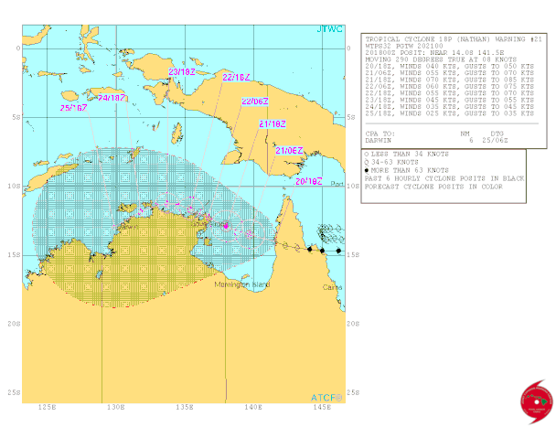 Tropical Cyclone Nathan track across Cape York Peninsular. From JTWC