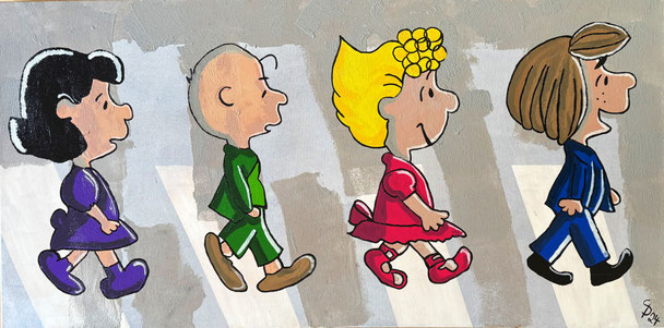 Original Mixed Media Kunstwerk PEANUTS ON ABBEY ROAD von Divo Santino. Handgemaltes Panorama (140x70 cm) mit Strukturpaste, Graffiti und Acryl. Motiv: Snoopy und die Peanuts überqueren die Abbey Road.