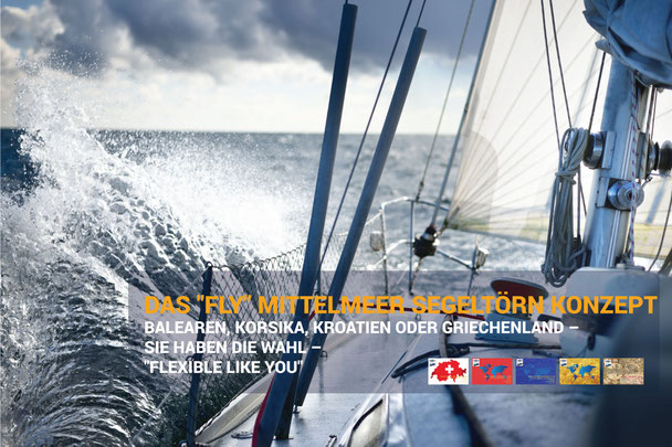 HOZ ‘Fly’ Mittelmeer-Segeltörn-Konzept – Flexible Törnwahl zwischen Balearen, Korsika, Kroatien oder Griechenland, Bugansicht Yacht auf hoher See