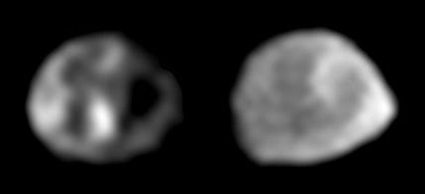 Zwei Aufnahmen von Galileo, aufgenommen im November 1996 und Juni 1997. Links die zuge-wandte Seite zu Jupiter, rechts die abgewandte. Bild: 