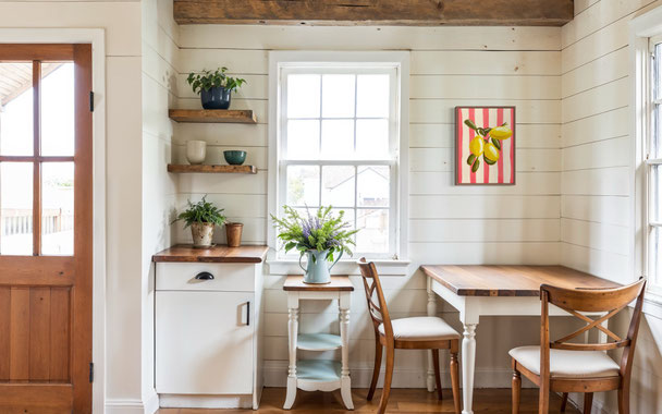 Schilderij met citroenen en roze strepen van Daphne Schrijver als kleurrijke blikvanger in een licht en landelijk interieur.