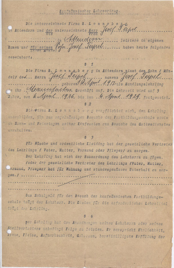 Ausschnitt aus dem Lehrvertrag des Kaufhauses Lenneberg aus Attendorn aus dem Jahr 1926
