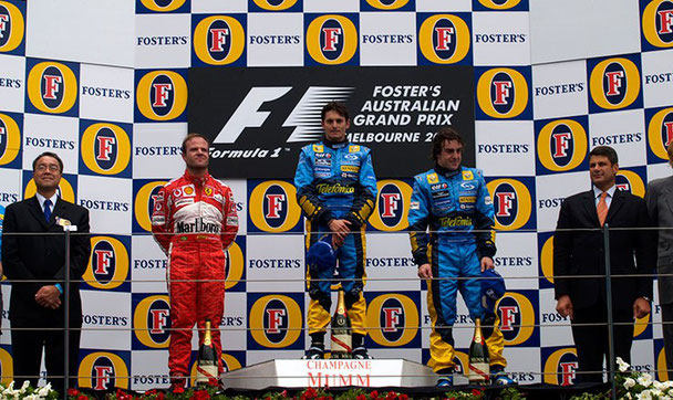 Il podio del gp di Australia 2005 vinto da Fisichella davanti a Barrichello e Alonso 