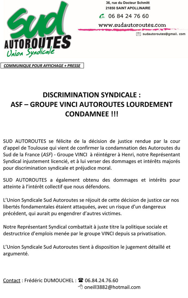 SUD Autoroutes, groupe VINCI lourdement condamné.