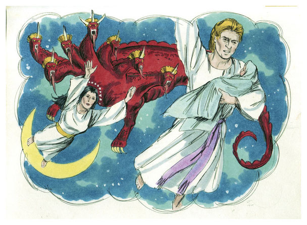 Satan, le dragon, entraîne avec lui de nombres anges rebelles. Sa queue entraîna le tiers des étoiles du ciel et les jeta sur la terre. Le dragon se plaça devant la femme qui allait accoucher afin de dévorer son enfant dès qu'il serait né.