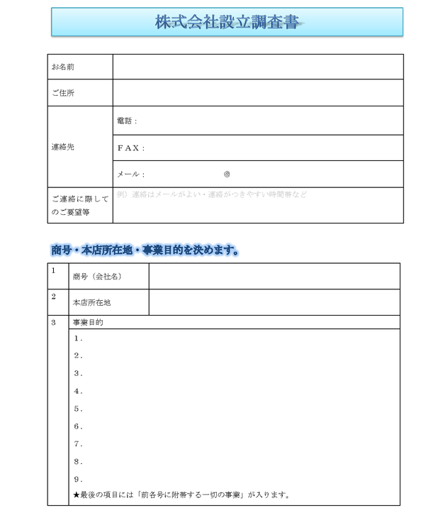 基本事項調査書、商号・本店所在地・事業目的を決めます