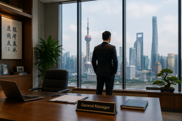 General Manager overlooking the Shanghai skyline, representing executive leadership and executive search for international companies hiring General Managers in China.