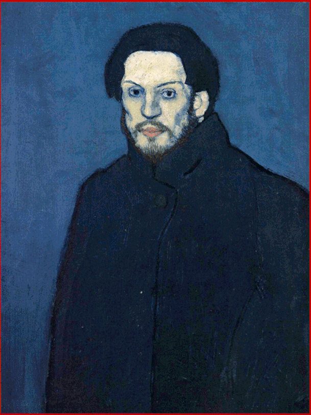 Autoritratto di Pablo Ruiz y Picasso (Málaga,1881- Mougins,1973).Quest'opera fu dipinta nel 1901, durante il cosiddetto periodo blu, periodo in cui nelle opere a prevalere erano i toni blu. Dimensioni: 80 x 60 cm.Ubicazione Musée National Picasso,Parigi.