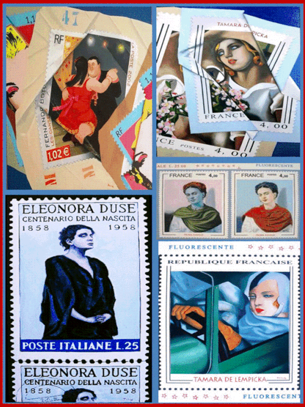 La memoria del passato attraverso la filatelia,unico mezzo,all'epoca,per comunicare.Con certosina accuratezza dipinge personaggi come Botero,il pittore delle forme grosse,l'attri -ce Duse"la divina",l'eccentrica pittrice polacca De Lempicka,etc.